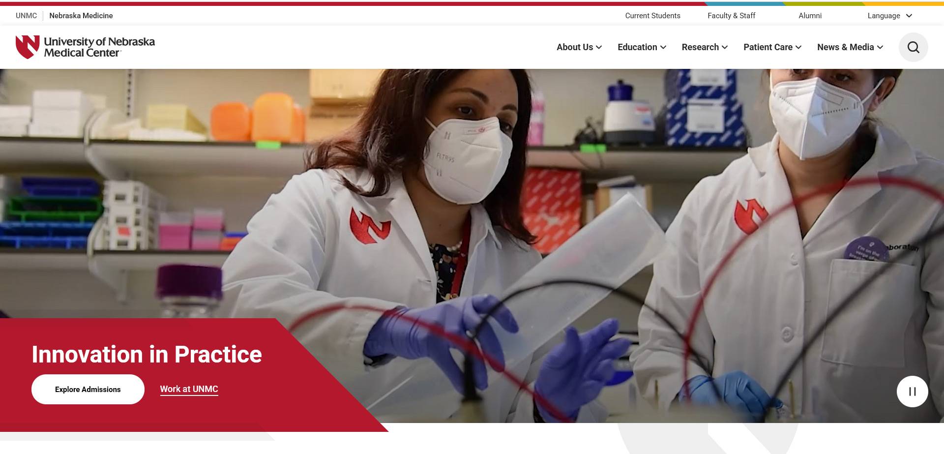 University of Nebraska Medical Center Screenshot of the University of Nebraska Medical Center home page containing a banner image with a faculty member demonstrating equipment use to a medical student.